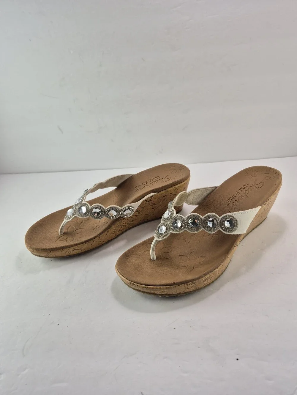 Skechers Cali Beverlee Bizzy Babe Rhinestone Cork Wedge Sandals White Size 7